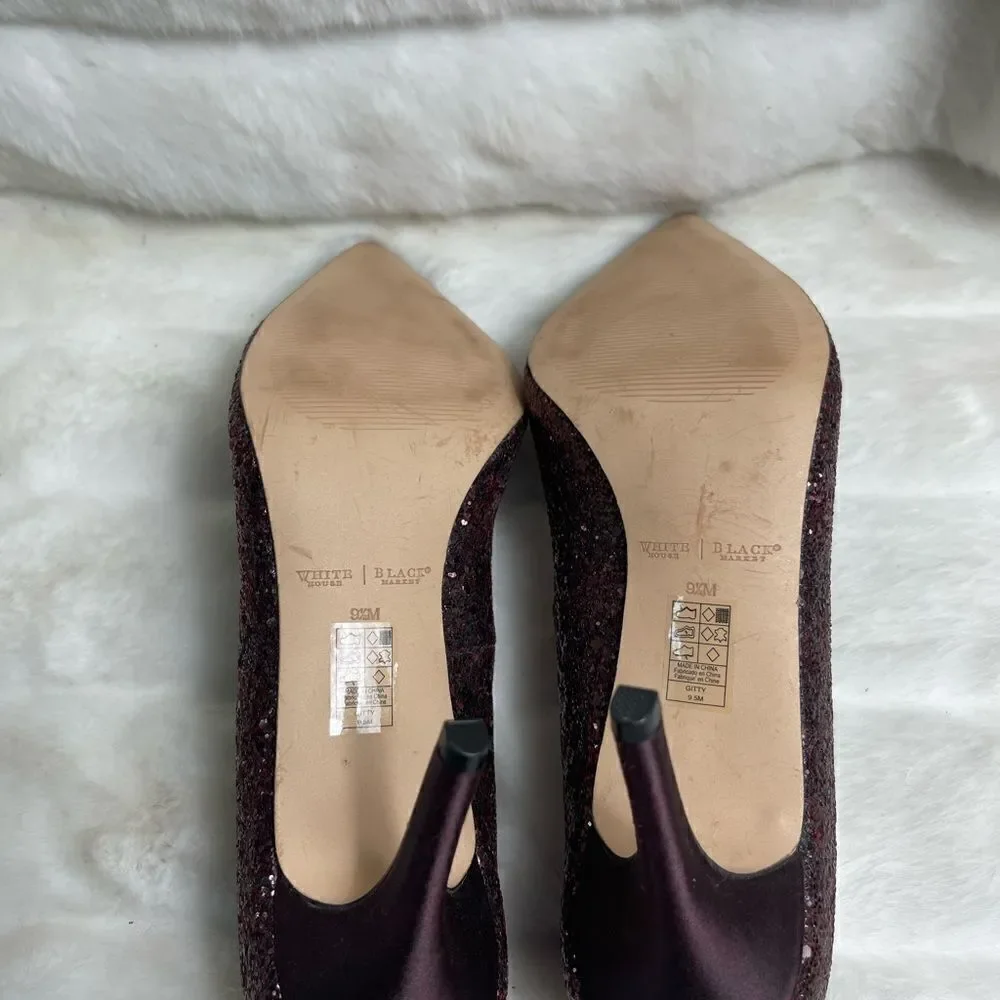 White House Black Market Burgundy wine glitter Satin heels pointed toe Size9.5M